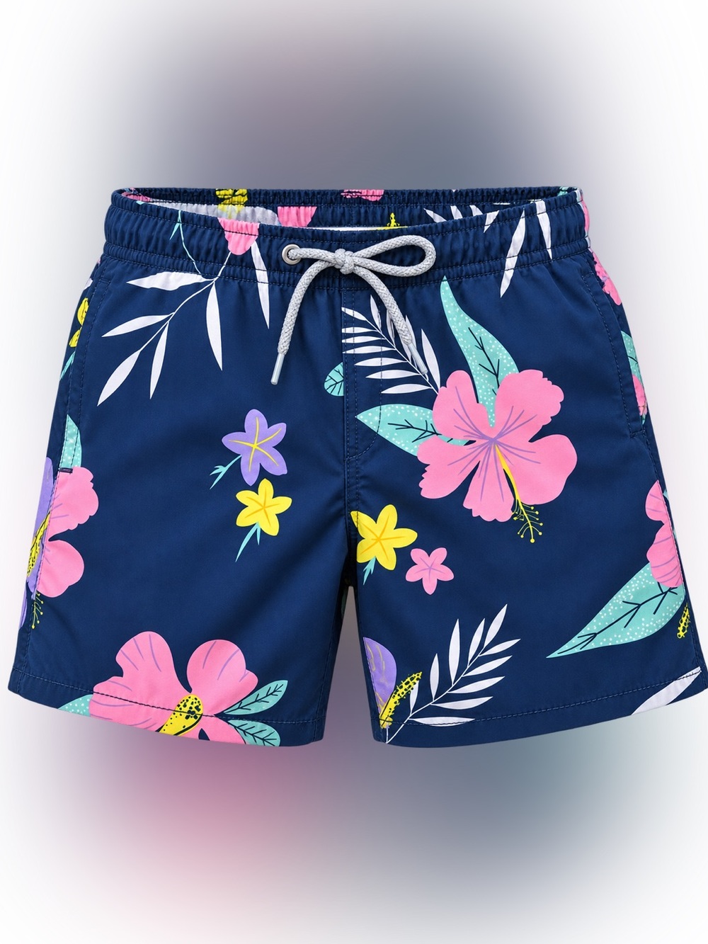 Navy Floral Kids Swim Trunks with Pink & Yellow Blooms